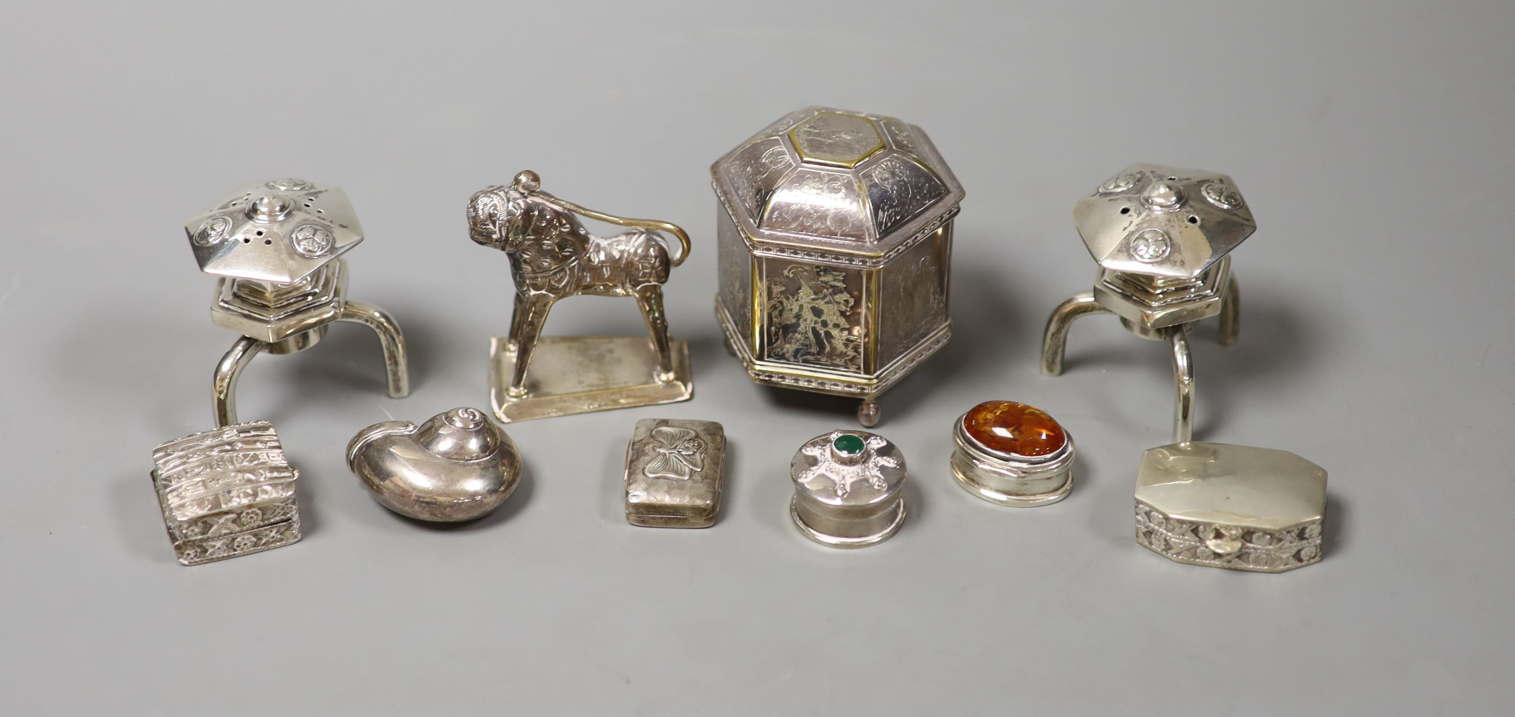 A collection of Chinese white metal and plated items, including six small boxes,